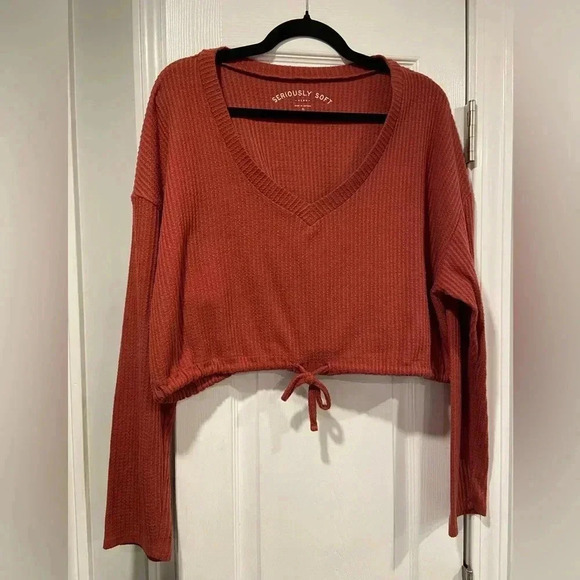Aeropostale Deep V Long Sleeve Waffle Cropped Drawstring Seriously Soft Size XL - Picture 1 of 12